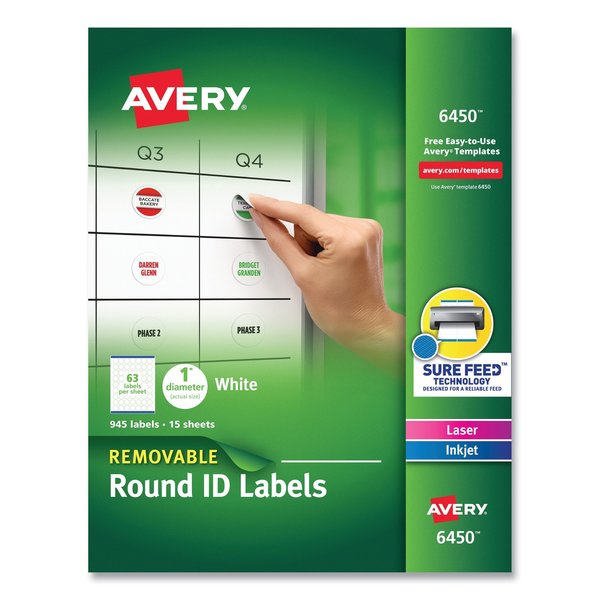 Avery Dennison Id Label, 1" dia., White, PK945 72782